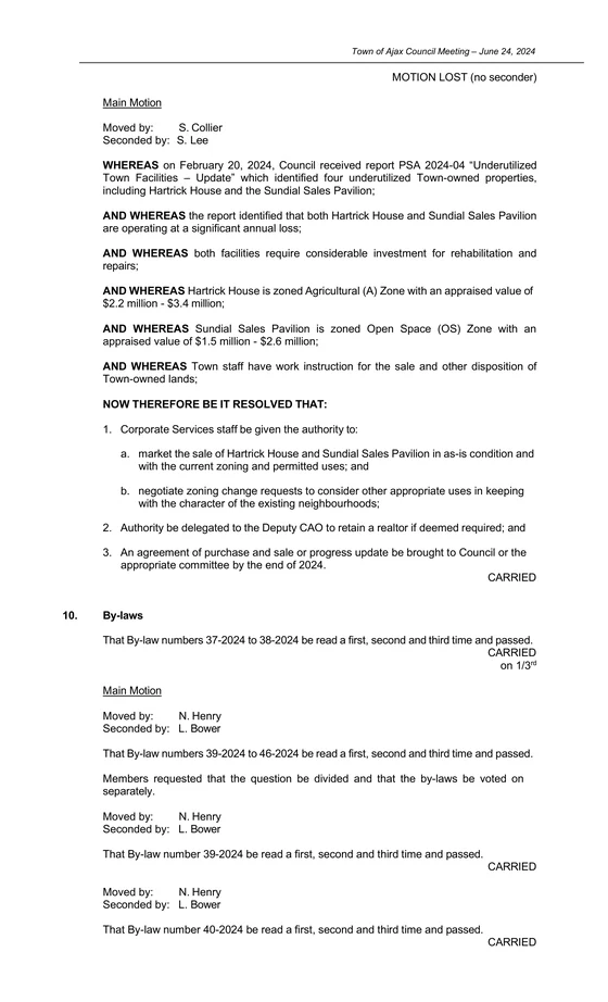 Page 8 of the same minutes, recording that the amendment was lost for lack of a seconder and that the main motion carried.
