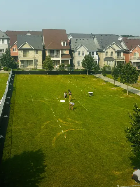 Survey lines across the field, metres from front porches.