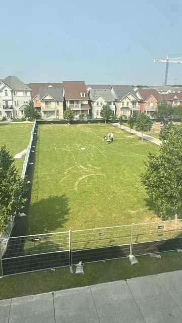 The same field, fenced and marked. The torn banner lies at the left.